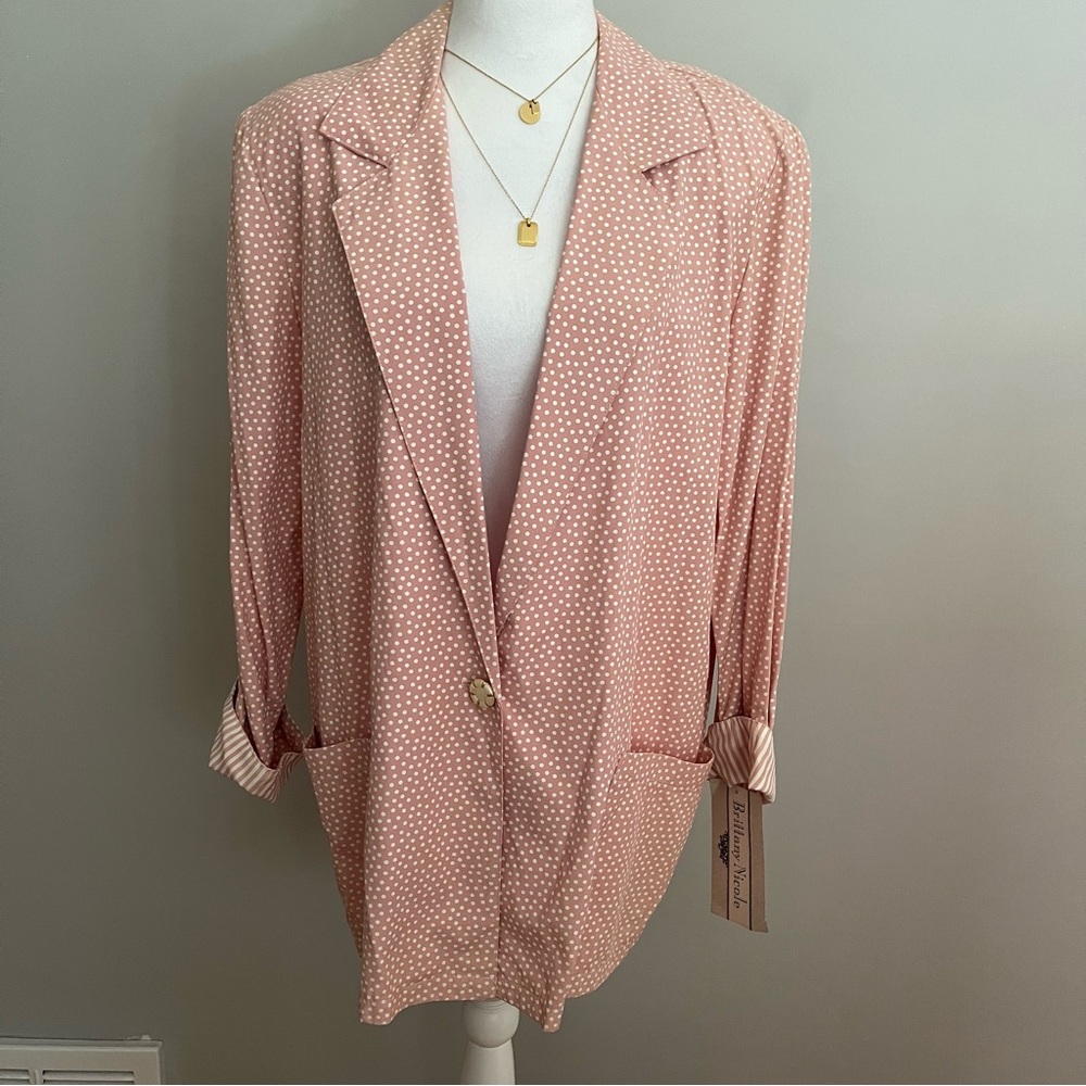 Brittany Nicole Pink Polka Dot Blazer Striped Cuffs shoulder Pads Made In USA M